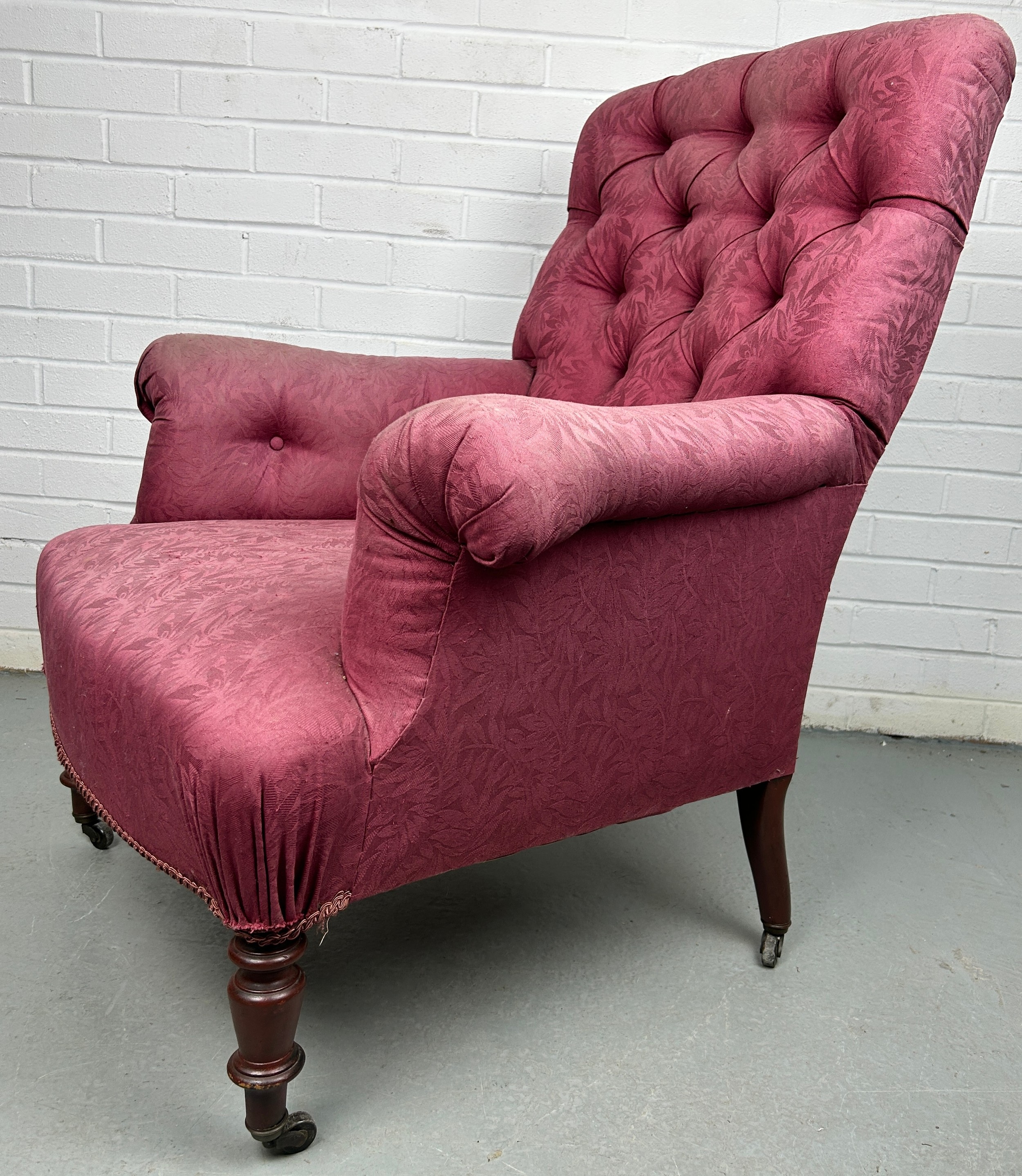 A VICTORIAN BUTTON BACK ARMCHAIR IN THE MANNER OF HOWARD AND SONS, Upholstered in raspberry coloured - Image 2 of 5