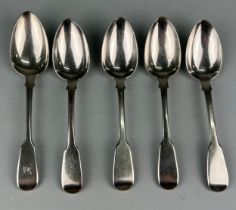 A SET OF FIVE SILVER GEORGE IV DESSERT SPOONS MARKED FOR RICHARD POULDEN, Total weight: 243gms