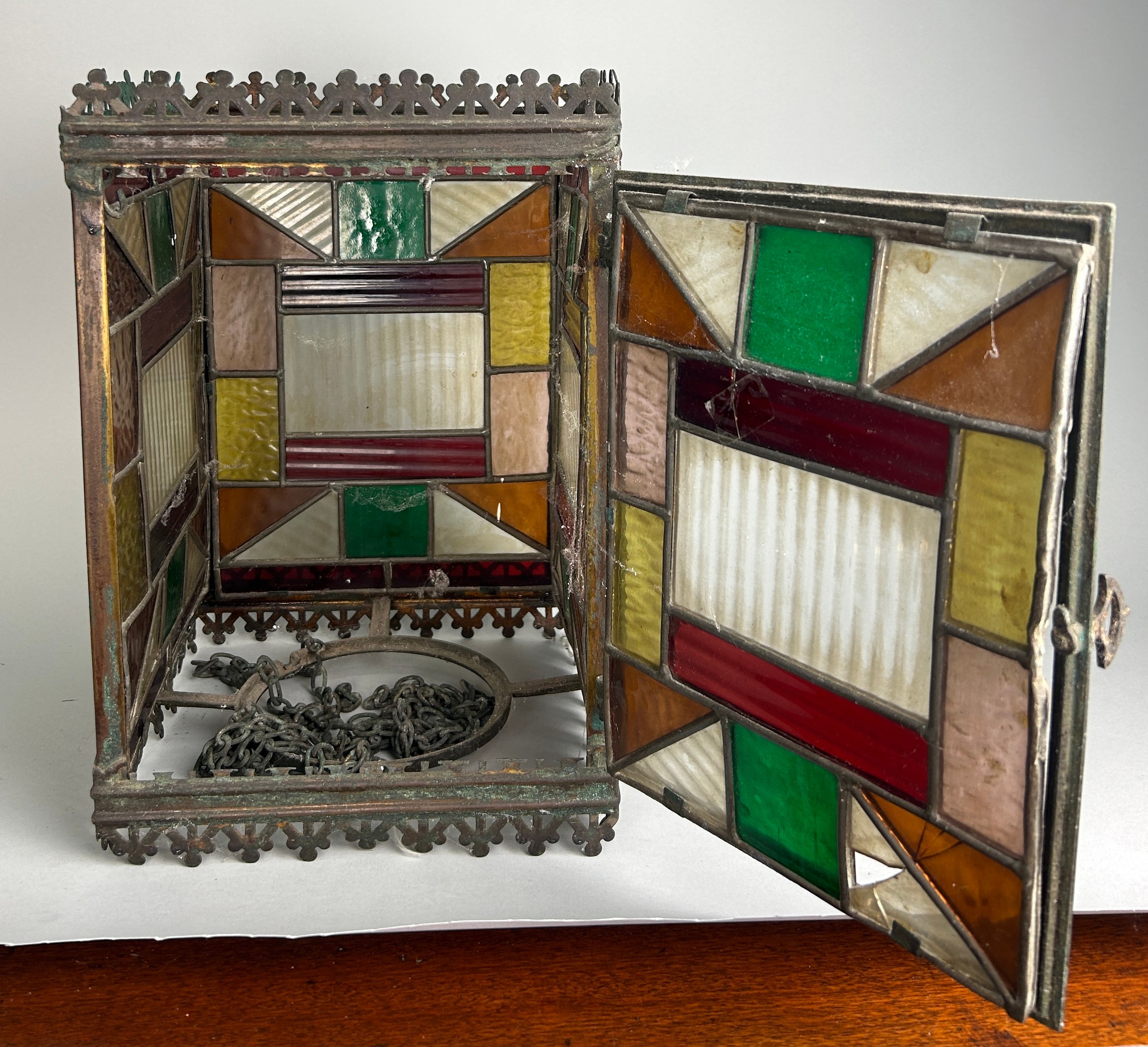 A VICTORIAN FOUR-SIDED STAINED GLASS HALL LANTERN 34cm x 23cm x 23cm, - Image 2 of 4