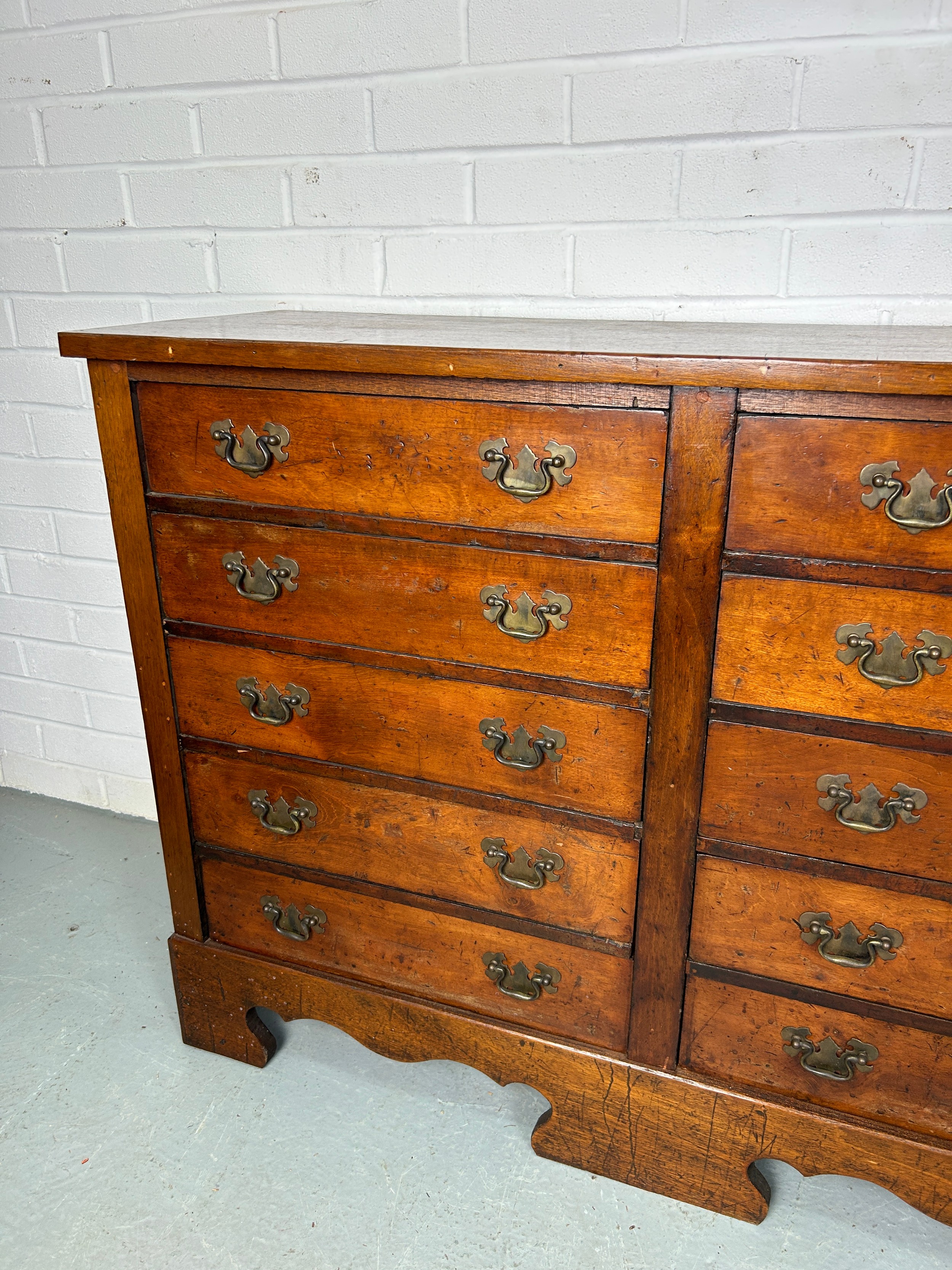 A 19TH CENTURY BANK OF FIFTEEN DRAWERS, 170cm x 81cm x 38cm Each drawer with two brass bat wing - Image 4 of 11
