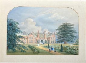 A WATERCOLOUR ON PAPER OF A COUNTRY HOUSE AND GARDENS WITH FIGURES, 43cm x 29cm. In a mount with