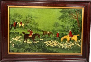 A GEORGIAN STYLE REVERSE PAINTED GLASS PAINTING DEPICTING A HUNT,