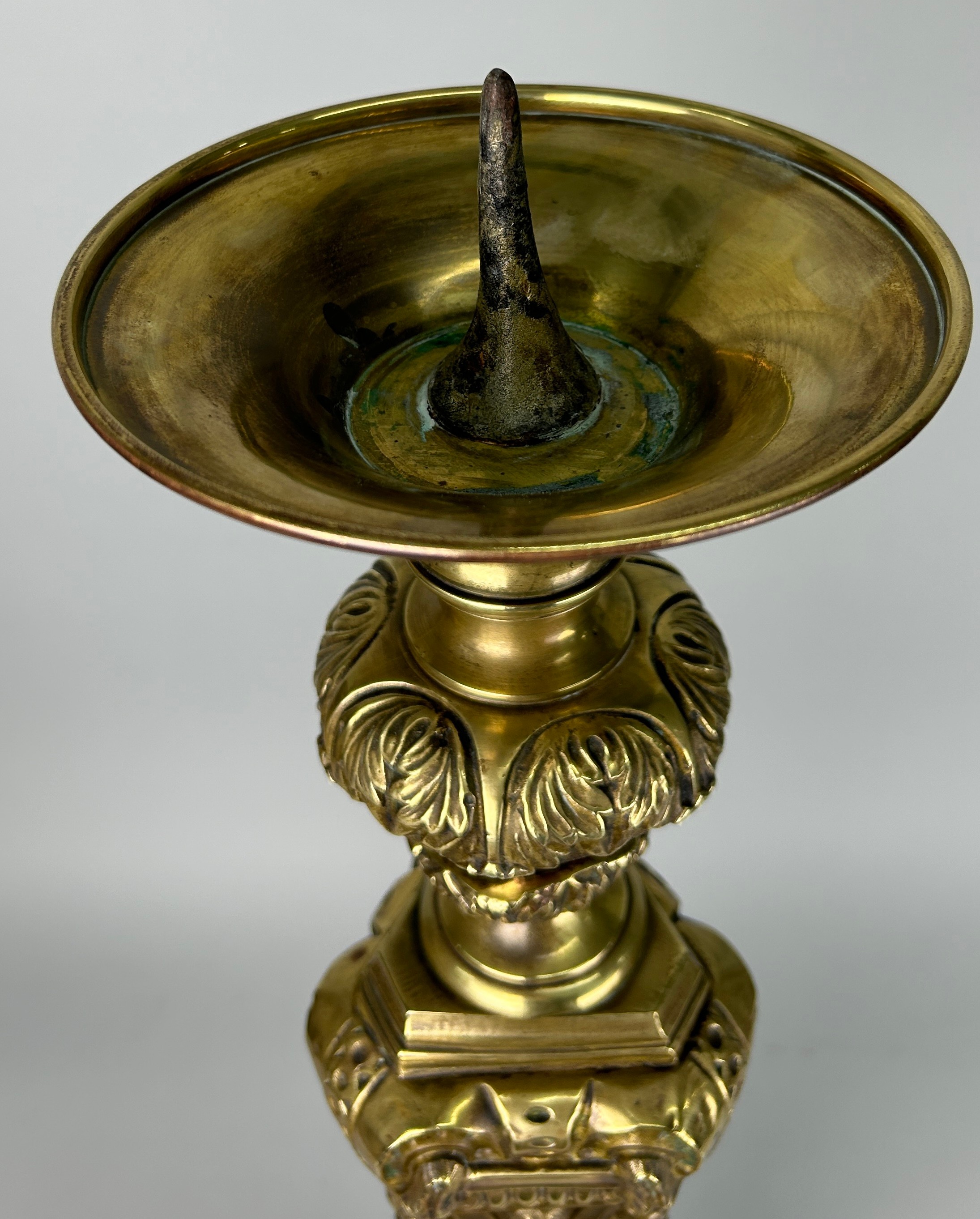 A HEAVY BRASS ECCLESIASTICAL PRICKET CANDLESTICK, European probably 19th Century, with gilded - Image 2 of 7