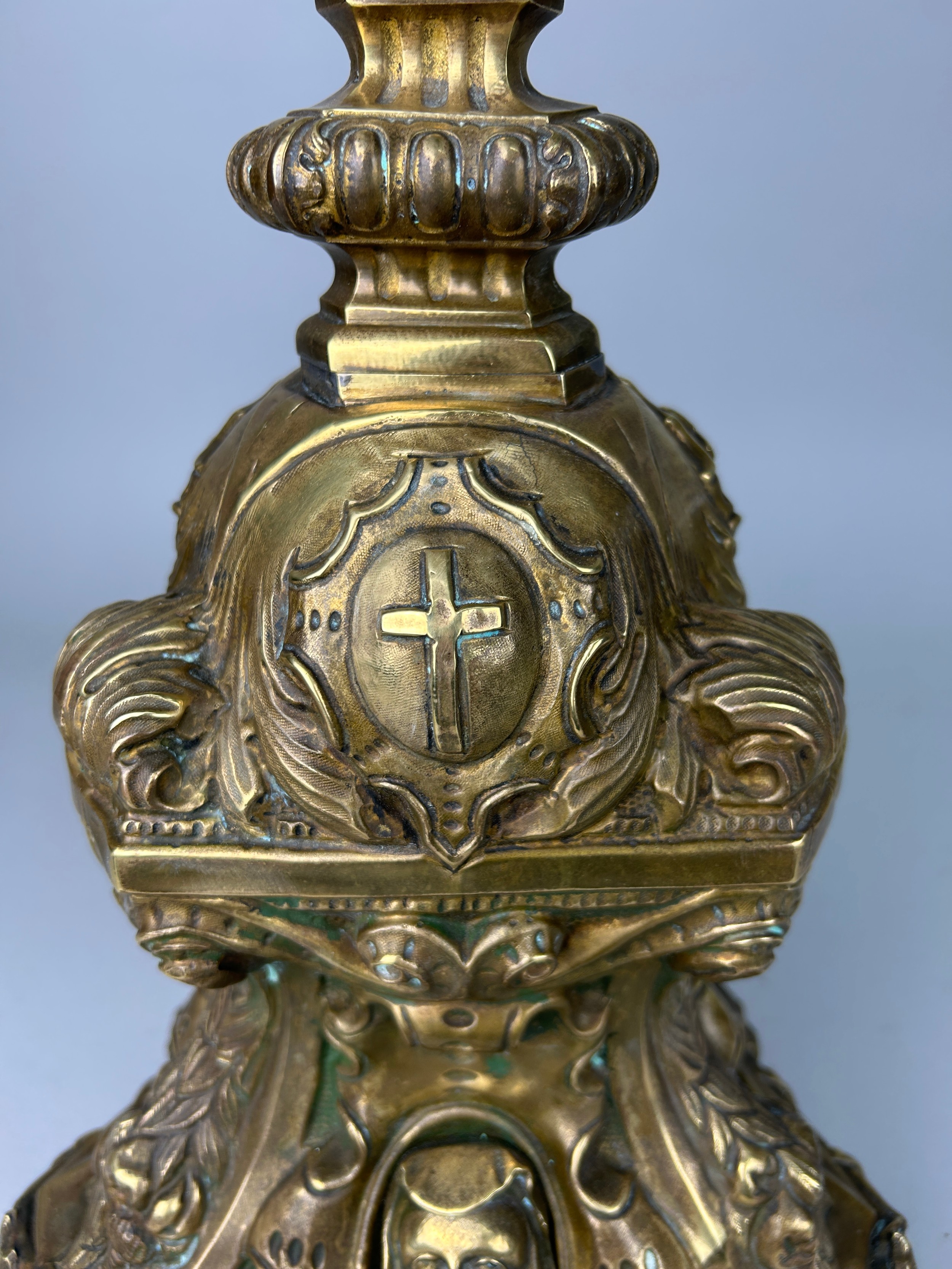 A HEAVY BRASS ECCLESIASTICAL PRICKET CANDLESTICK, European probably 19th Century, with gilded - Image 4 of 7