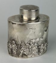 AN ENGLISH SILVER TEA CADDY DECORATED WITH A RURAL VILLAGE FETE SCENE AND FIGURES DANCING, Weight