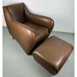 AN SCP BALZAC BROWN LEATHER ARMCHAIR AND FOOTSTOOL BY MATTHEW HILTON, Retailed by the Conran Shop.
