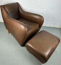 AN SCP BALZAC BROWN LEATHER ARMCHAIR AND FOOTSTOOL BY MATTHEW HILTON, Retailed by the Conran Shop.