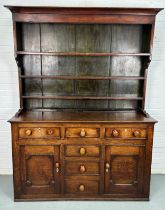 A LARGE 19TH CENTURY OAK DRESSER, 200cm 150cm x 48cm The shelved top above the base with three