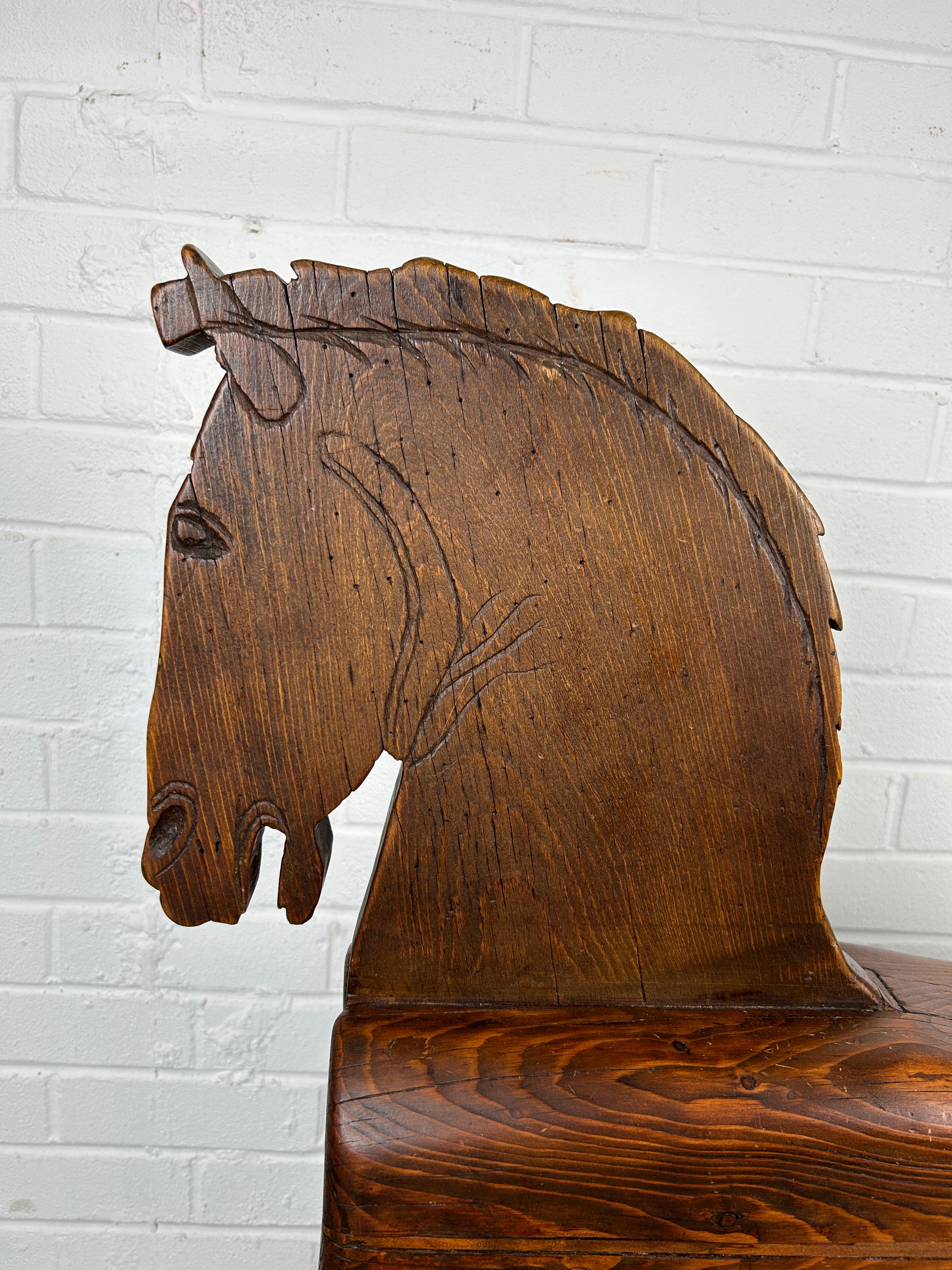 A 19TH CENTURY ROCKING HORSE FROM NUREMBERG IN GERMANY, Primitively carved, the horse having bent - Image 2 of 9