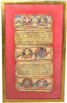 FIVE 19TH CENTURY TIBETAN PRAYER CARDS, Cards 53cm x 26cm Mounted in a larger frame and glazed.