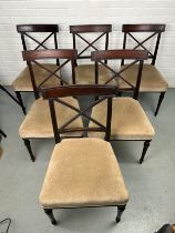 A SET OF SIX GEORGIAN SIDE CHAIRS, Upholstered in neutral fabric. 85cm x 49cm x 45cm
