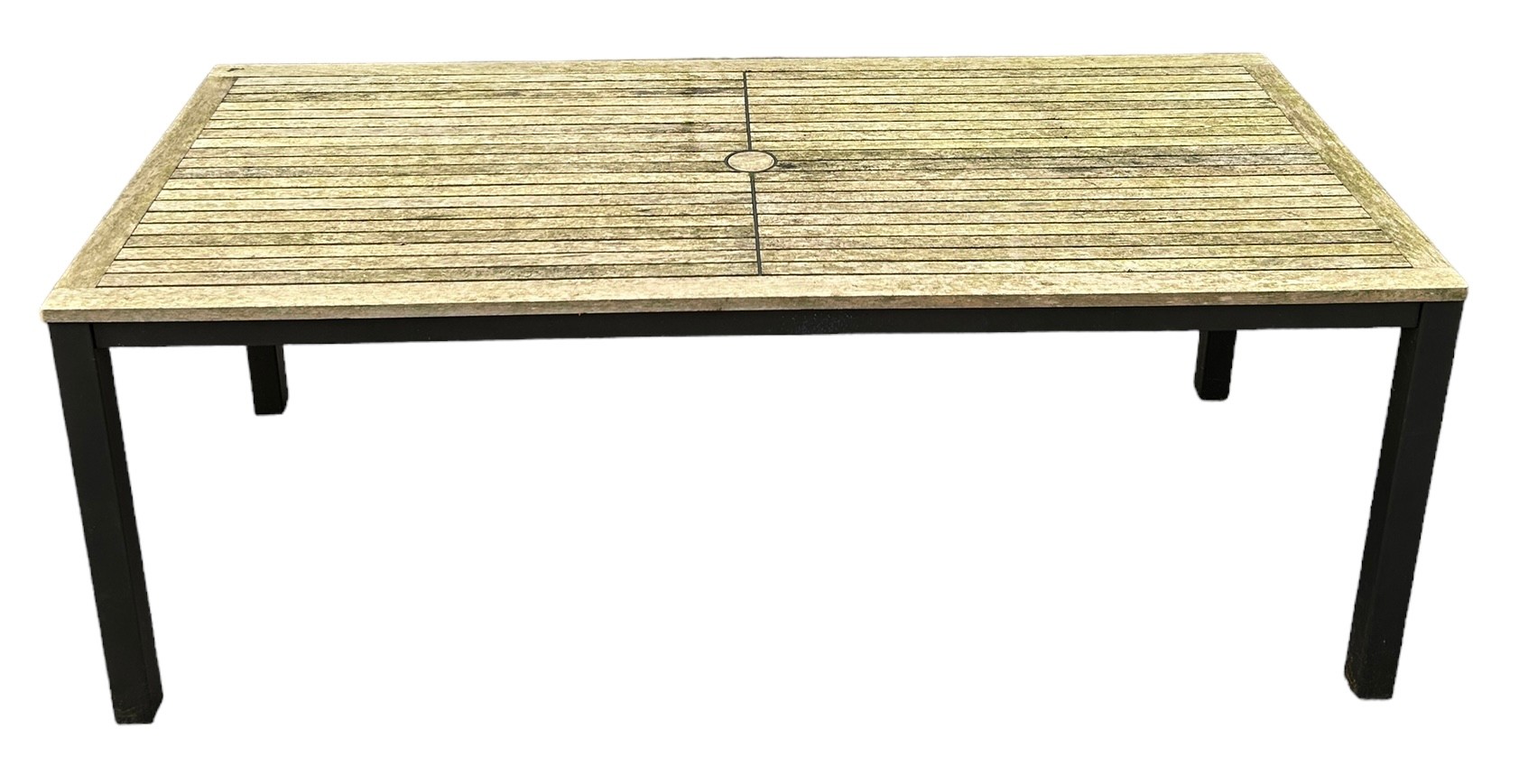A TEAK AND ALUMINIUM GARDEN TABLE BY BARLOW TYRIE, 200cm x 90cm x 75cm