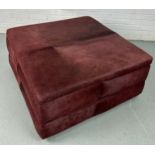 A COW HIDE UPHOLSTERED SQUARE CENTRE STOOL OR POUFFE, 93cm x 93cm x 43cm