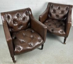 A PAIR OF BROWN LEATHER BUTTON BACK CLUB CHAIRS, Removed from Brown's Club London. Each raised on