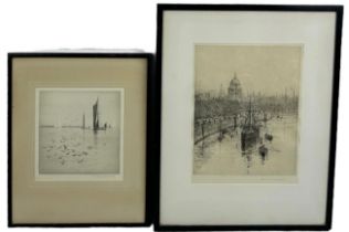 TWO ROWLAND LANGMAID ETCHINGS DEPICTING BOATS, Signed in pencil. 31cm x 23cm 23cm x 21cm Mounted