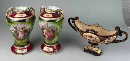 A PAIR OF EUROPEAN PORCELAIN VASES WITH PAINTED SCENES, Along with another pedestal vase. The