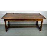 A 19TH CENTURY OAK AND WALNUT PLANK TOP REFECTORY TABLE, With two drawers at either end. 203cm x