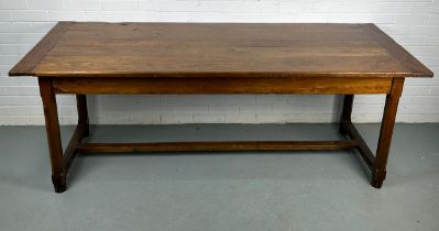 A 19TH CENTURY OAK AND WALNUT PLANK TOP REFECTORY TABLE, With two drawers at either end. 203cm x