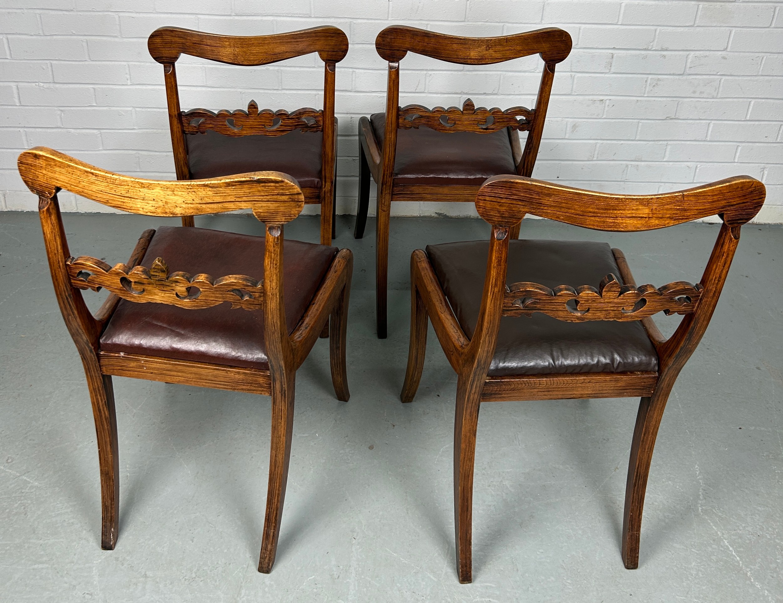 A SET OF FOUR 19TH CENTURY DINING CHAIRS WITH PIECED BACKS AND BROWN UPHOLSTERED SEATS (4) - Image 2 of 3