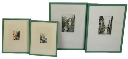 A SET OF FOUR COLOURED ETCHINGS OF VENICE, Signed indistinctly. Mounted in green painted frames
