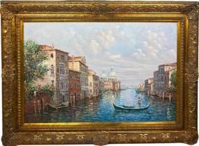 A LARGE OIL ON CANVAS PAINTING OF THE GRAND CANAL IN VENICE, Depicting a man on a gondola. 90cm x