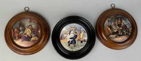 THREE PRATWARE POT LIDS (3) Framed and glazed in roundels.