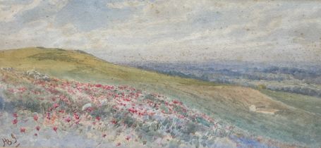 A WATERCOLOUR PAINTING ON PAPER DEPICTING POPPIES IN A FIELD, Signed HB. 45cm x 22cm Mounted in a