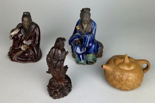 CHINESE POTTERY FIGURES A WOODEN GUANYIN AND A YIXING TEA POT (4),