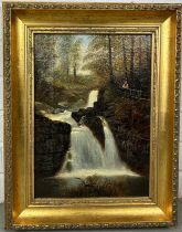 ATTRIBUTED TO EDWARD PRIESTLY: A VICTORIAN OIL ON CANVAS PAINTING OF RYDELL UPPER FALL WITH A