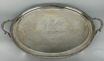 A GEORGE III SILVER TRAY, Marked for John Mewburn, London, 1813. Weight: 2665gms. 59.5cm x 39.5cm