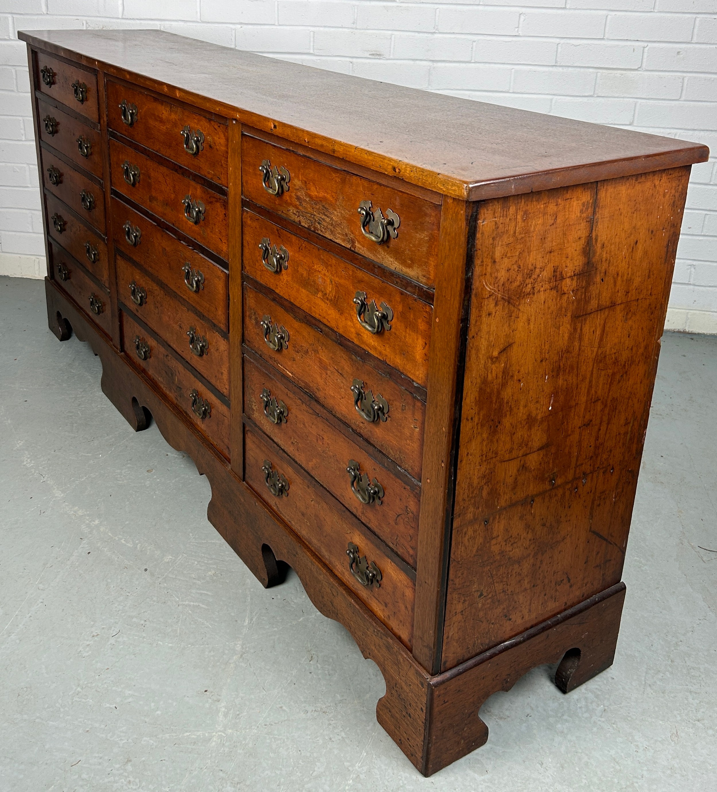 A 19TH CENTURY BANK OF FIFTEEN DRAWERS, 170cm x 81cm x 38cm Each drawer with two brass bat wing - Image 6 of 11