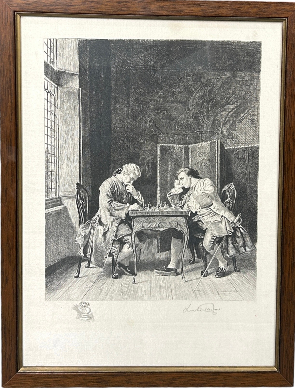 A PRINT OF TWO GENTLEMAN PLAYING CHESS, Signed in pencil bottom right, mounted in a frame and - Image 3 of 3