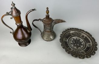 ISLAMIC EWERS AND A DISH, 20th century. Largest ewer 38cm