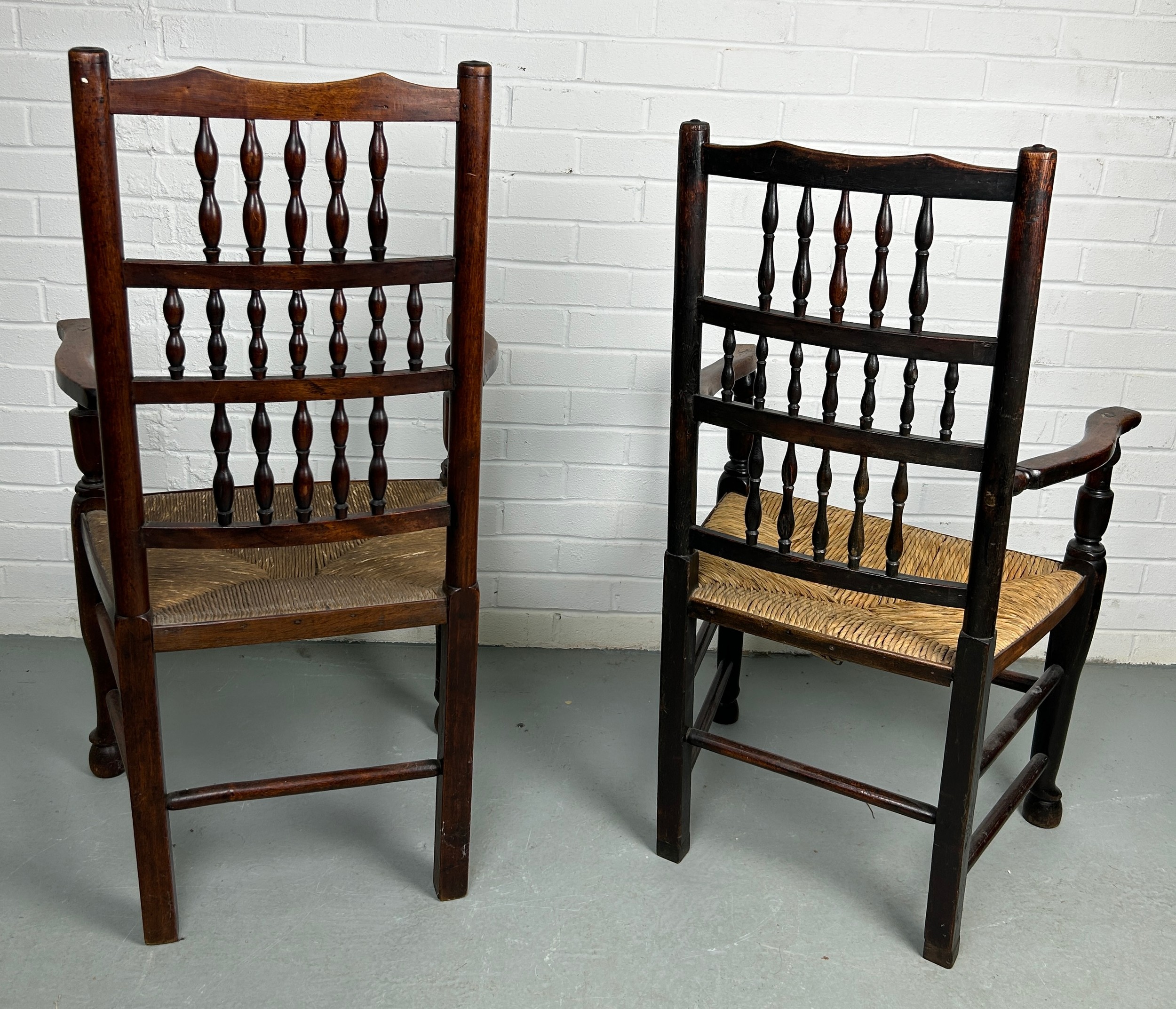 A SET OF EIGHT COUNTRY HOUSE BOBBIN SPINDLE BACK CHAIRS WITH RUSH SEATS PROBABLY NORTH COUNTRY, Late - Image 7 of 8