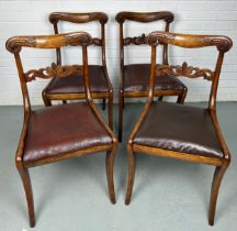 A SET OF FOUR 19TH CENTURY DINING CHAIRS WITH PIECED BACKS AND BROWN UPHOLSTERED SEATS (4)