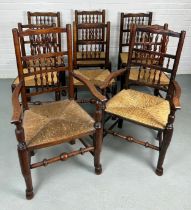A SET OF EIGHT COUNTRY HOUSE BOBBIN SPINDLE BACK CHAIRS WITH RUSH SEATS PROBABLY NORTH COUNTRY, Late