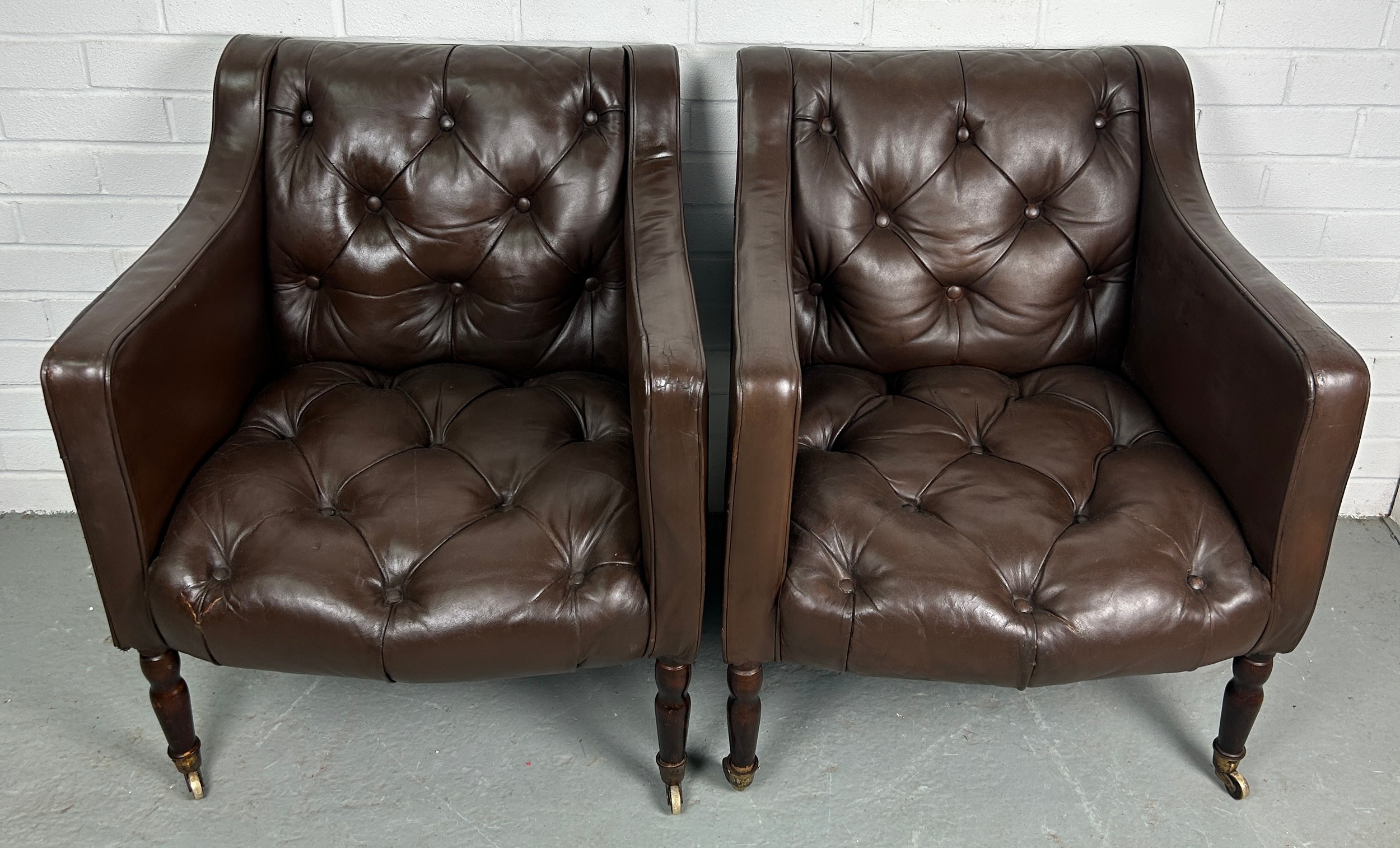 A PAIR OF BROWN LEATHER BUTTON BACK CLUB CHAIRS, Removed from Brown's Club London. Each raised on - Image 2 of 5