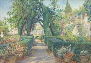 ERNEST ARTHUR ROWE (1863-1922) A WATERCOLOUR PAINTING ON PAPER 'GARDENS IN GRANADA', 35cm x 24cm.