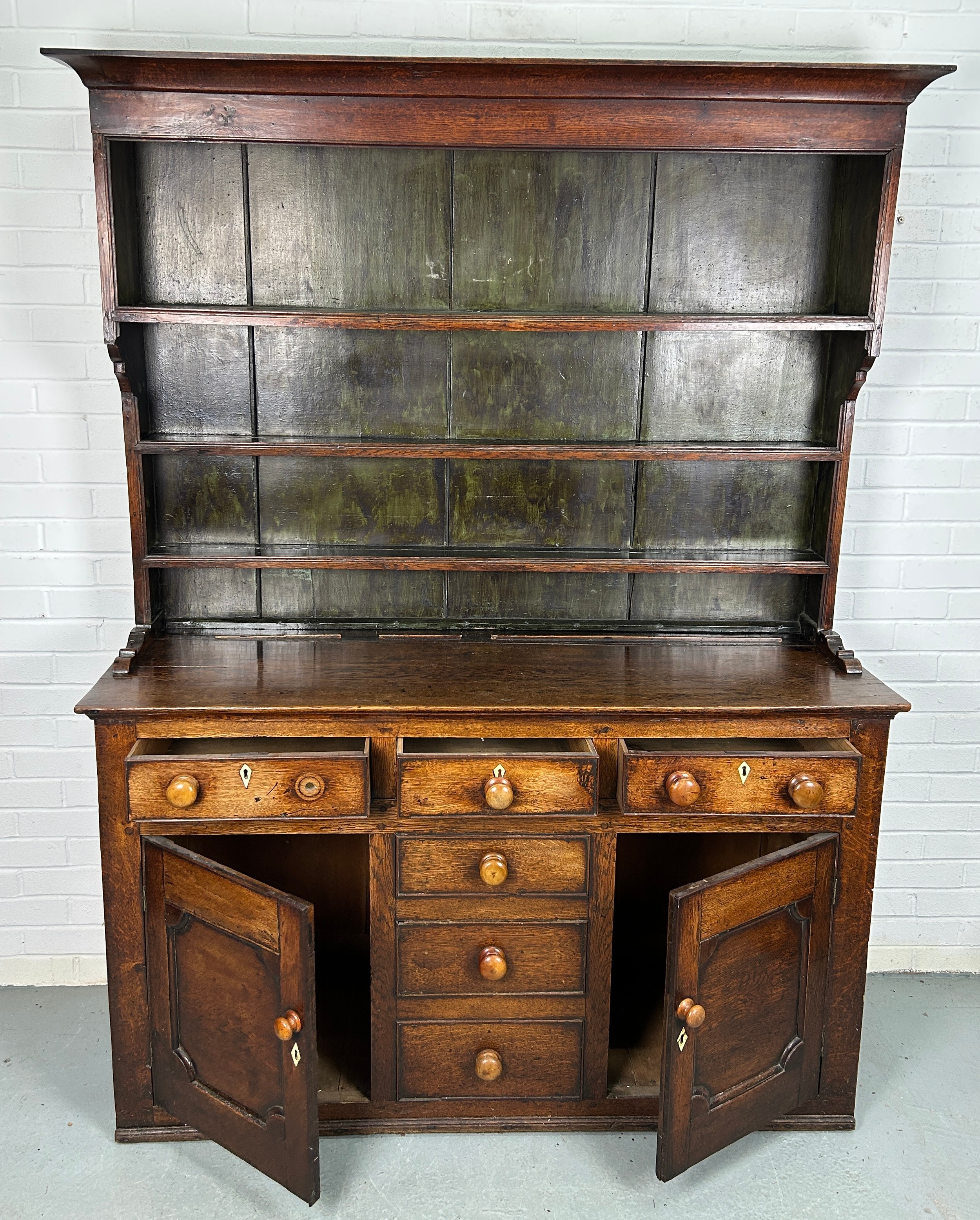 A LARGE 19TH CENTURY OAK DRESSER, 200cm 150cm x 48cm The shelved top above the base with three - Image 2 of 5