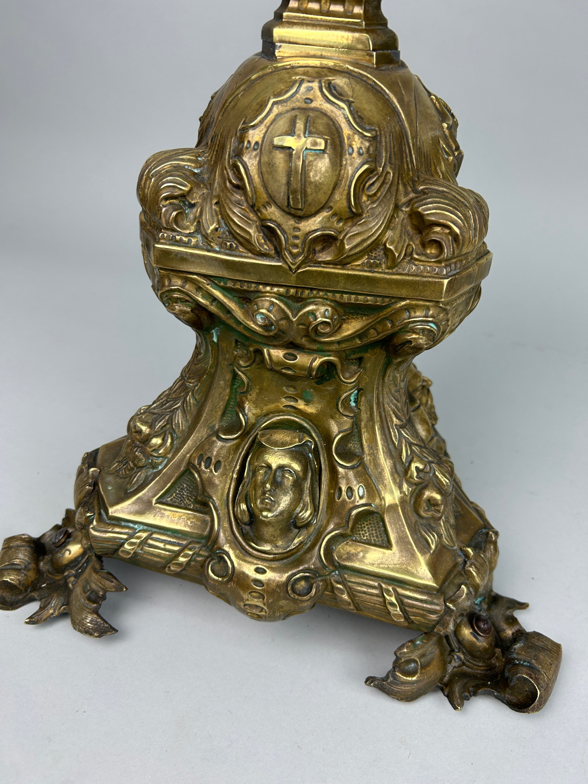 A HEAVY BRASS ECCLESIASTICAL PRICKET CANDLESTICK, European probably 19th Century, with gilded - Image 3 of 7