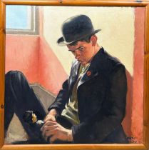 AN OIL ON CANVAS PAINTING OF 'ANDY THE FURNITURE MAKER' AFTER THE 1986 FILM BY PAUL OREMLAND 59cm