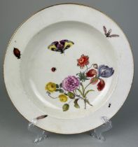 AN 18TH CENTURY MEISSEN PLATE CIRCA 1745 DECORATED WITH 'HOLZSCHNITT BLUMEN' INSECTS AND