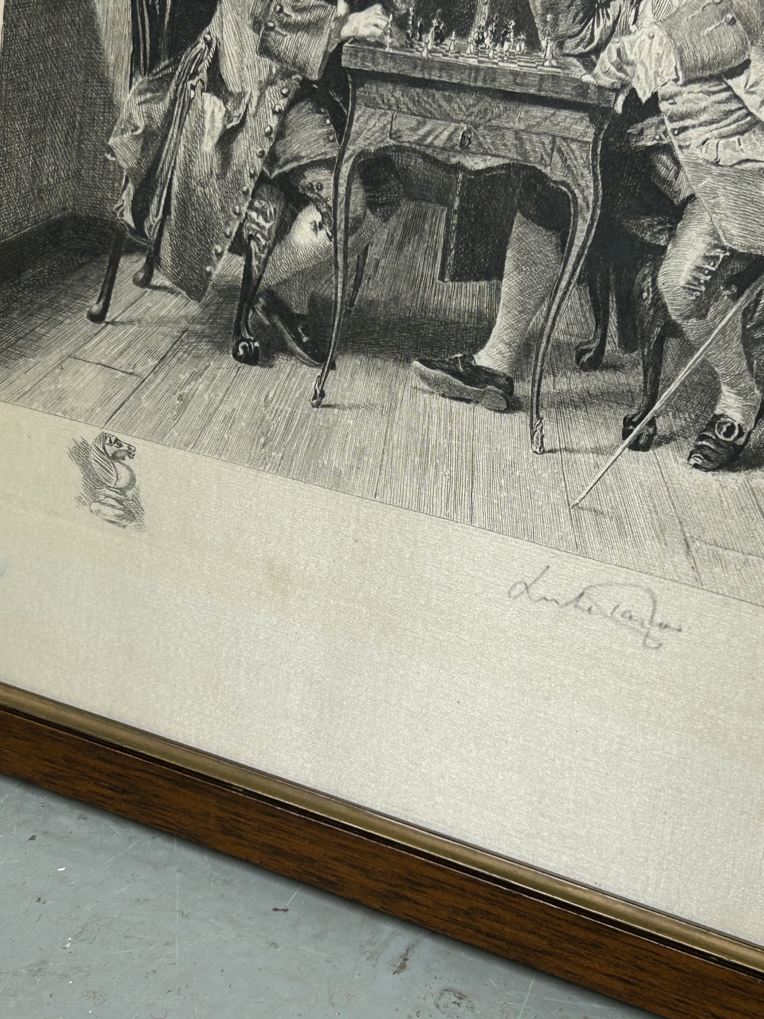 A PRINT OF TWO GENTLEMAN PLAYING CHESS, Signed in pencil bottom right, mounted in a frame and - Image 2 of 3