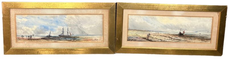 A PAIR OF 19TH CENTURY WATERCOLOURS ON PAPER OF FIGURES AND SAILBOATS BY THE BEACH (2) 33cm x