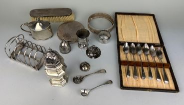 A COLLECTION OF SILVER ITEMS TO INCLUDE SALT SHAKER, TOAST RACK, SILVER SPOONS AND MORE, Total