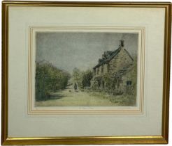 MICHAEL BLAKER (B.1928) ETCHING HAND COLOURED 'A COTSWOLD VILLAGE', 38cm x 28cm. Mounted in a larger