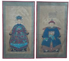 A PAIR OF VERY LARGE 20TH CENTURY CHINESE ANCESTRAL PORTRAITS OF COURT OFFICIALS (2) 195cm x 110cm