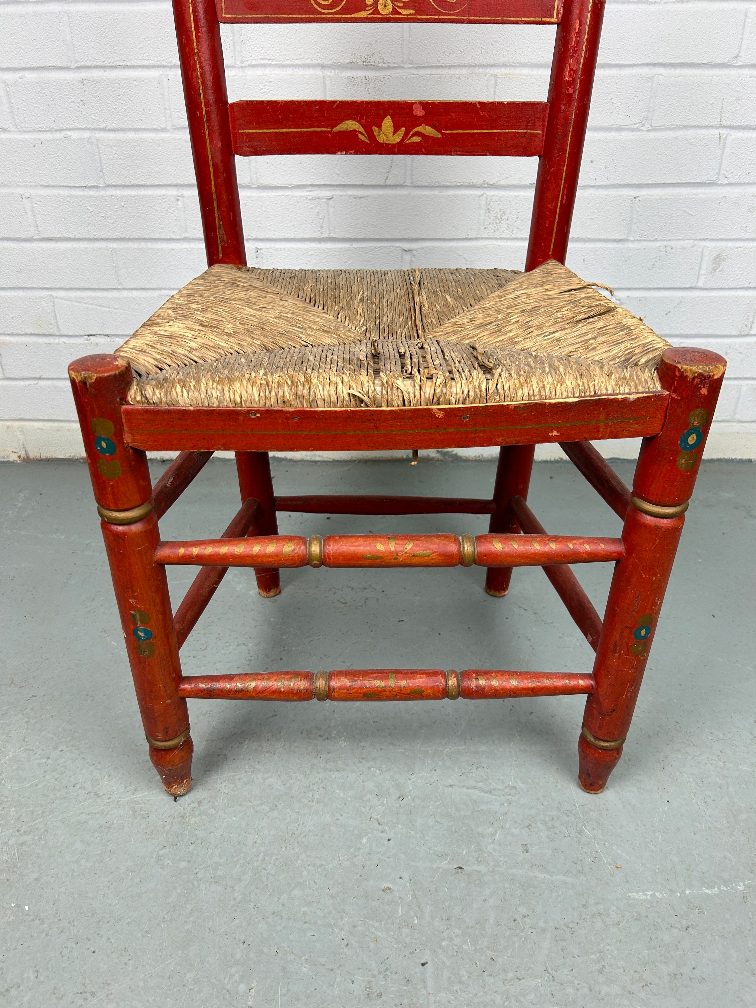 A RED SPANISH CHAIR WITH RUSH SEAT PAINTED WITH SCENE OF A MATADOR, 90cm x 40cm x 35cm - Image 4 of 5
