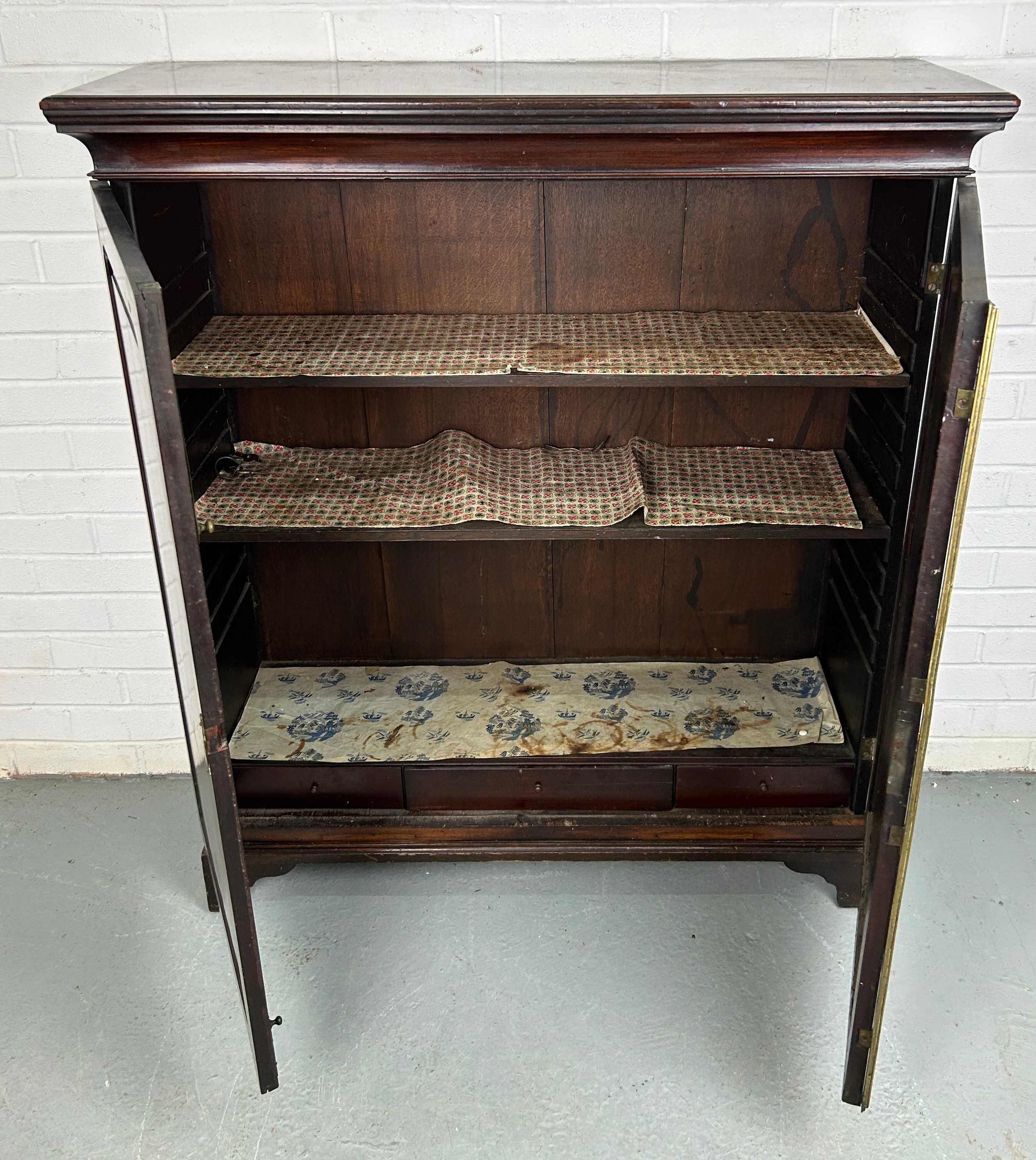 A 19TH CENTURY CABINET, Two doors with bracket feet, brass escutcheons. 120cm x 105cm x 34cm - Image 2 of 3