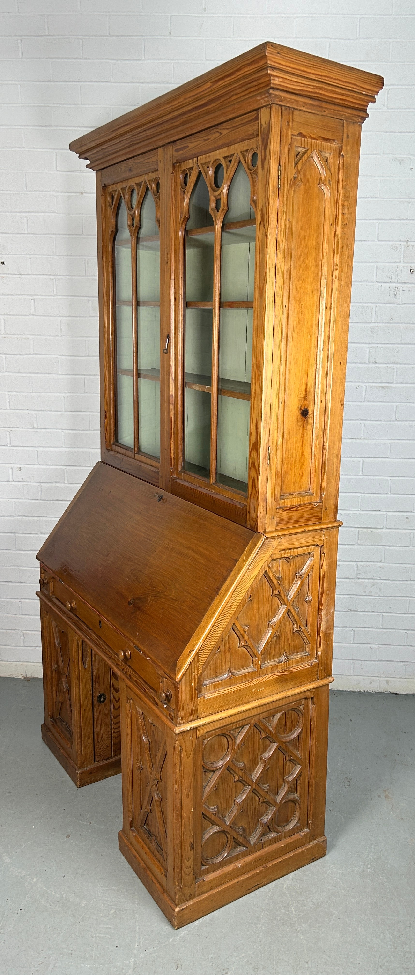 A CONTINENTAL PINE 19TH CENTURY GOTHIC DESIGN BUREAU BOOKCASE OR SECRETAIRE, 215cm H x 105cm W x - Image 10 of 17